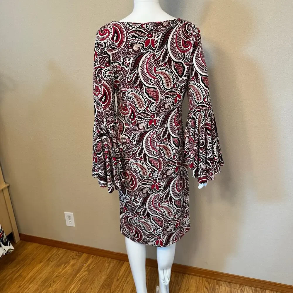 Shelby & Palmer Paisley Bell Sleeve Dress Size 10 Stretch Knit Boho Mod Retro - Picture 8 of 13